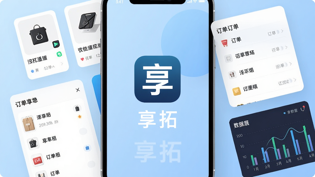 享拓APP主界面展示,手机屏幕中央显示享拓应用图标和名称,背景为浅蓝色渐变,周围环绕商品卡片、订单列表、数据图表等元素,布局简洁清晰,风格现代商务,细节精致,高清画质,画面干净无多余元素