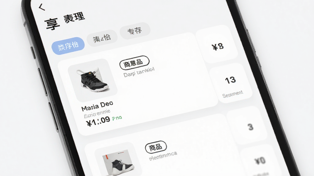享拓商品管理界面,手机屏幕显示商品列表和分类标签,包含商品缩略图、名称、价格和库存数字,界面采用卡片式布局,浅色背景,风格清爽简洁,细节清晰,高清画质,干净排版