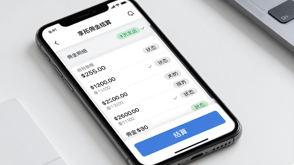 享拓佣金结算页面,手机屏幕展示佣金明细列表和结算按钮,包含数字金额和状态标签,背景为白色,界面风格简约商务,细节精致,高清画质,无多余装饰元素