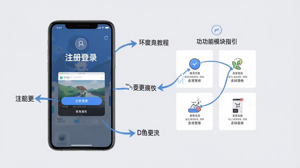 享拓使用教程示意图,手机屏幕显示注册登录流程和功能模块指引,包含箭头标注和文字说明,背景为浅灰色,风格简洁直观,细节清晰,高清画质,画面干净无杂乱元素