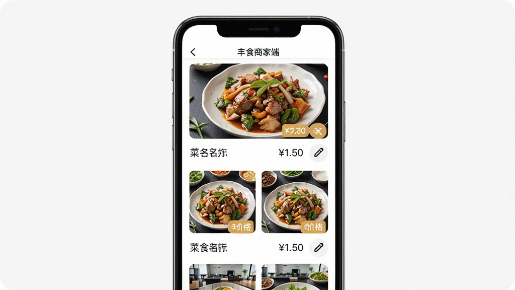 ��ʳ�̼Ҷ˲�Ʒ�������棬����չʾ�ֻ���Ļ�в�Ʒ�б���༭��ť�����ֲ������½ṹ���Ϸ�Ϊ��ƷͼƬ�·�Ϊ���Ƽ۸񣬷��Ϊ���¼�Լ��UIչʾͼ��ϸ�ڰ�����Ʒ����ͼ���۸��ǩ���༭Ǧ��ͼ�꣬���ֱ�ע����ʳ�̼Ҷˡ������ʸ��壬�ɾ����޶���Ԫ��