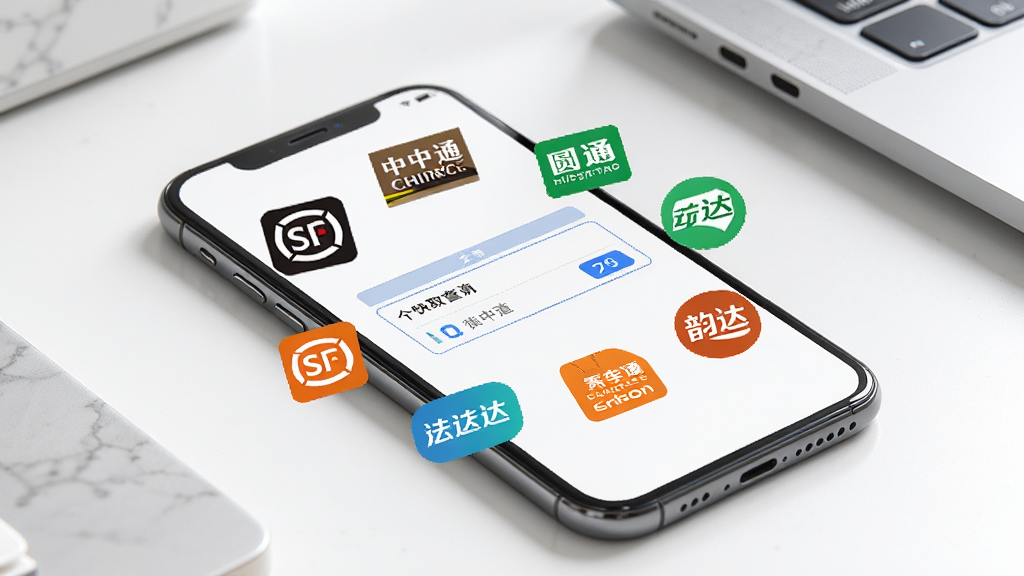 快递包裹寄取查询多快递聚合查询功能展示,画面中一部手机放置在桌面,屏幕显示多个快递公司图标环绕在查询框周围,包括顺丰、中通、圆通、韵达等标志性元素,背景为干净的白色与浅灰色搭配,风格商务简约,细节清晰,画质高清,无多余装饰