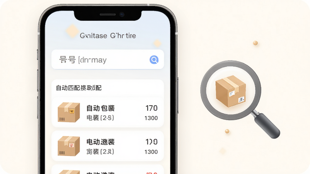 快递包裹寄取查询手机号查件功能示意图,画面展示一部手机屏幕中出现手机号输入框与自动匹配的包裹列表,旁边有放大镜和包裹图标,背景为淡雅的米白色,风格清新柔和,排版整洁,画质细腻,无杂乱元素