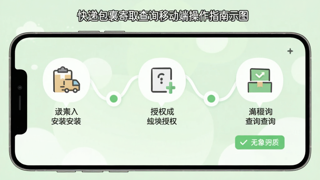 快递包裹寄取查询移动端操作指南示意图,画面展示一部手机屏幕中分步骤演示安装、授权、查询三个操作环节,每个步骤配有简洁图标和文字说明,背景为柔和的浅绿色,风格清新友好,排版清晰,画质干净,无多余元素