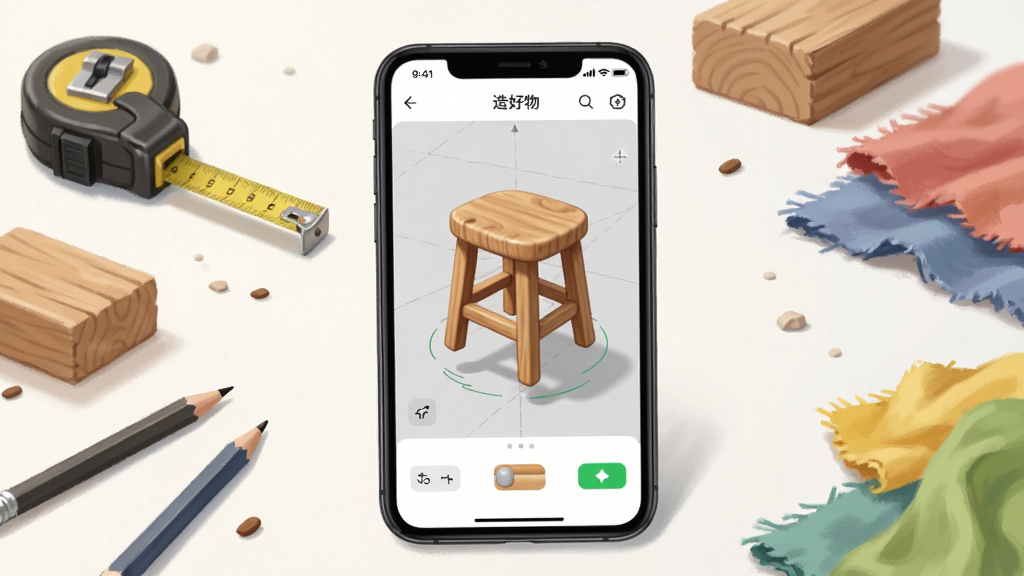 画面中央放置一部智能手机,手机屏幕上显示着造好物软件的3D建模操作界面,界面中有一个正在旋转的木质小凳子模型,手机周围散落着卷尺、铅笔、木块和彩色布料等手工材料,背景是明亮整洁的工作台,整体采用清新写实的插画风格,细节丰富,画质清晰,干净无多余元素,画面中可出现文字“造好物”。