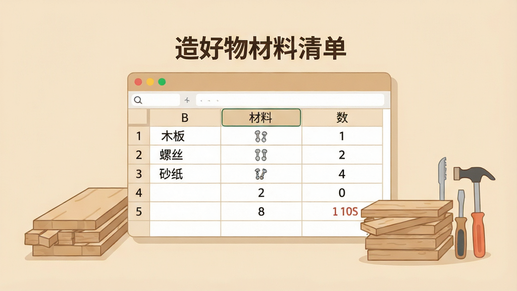 一张简洁的电子表格界面悬浮在屏幕中央,表格中列有木板、螺丝、砂纸等材料名称和对应数量,旁边堆放着一小叠木料和工具,整体色调为温暖的米黄色,风格为简约商务插画,画质清晰,画面干净,表格上方可显示文字“造好物材料清单”。