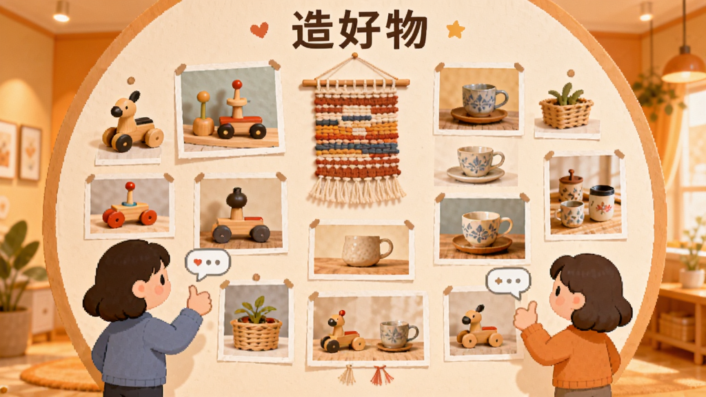 一个圆形的社区界面展示墙上贴满了各种手工制品的照片,有木制玩具、编织挂毯、陶瓷杯等,几位卡通形象的用户正在互相点赞和评论,背景是暖橙色调的温馨房间,风格为扁平化插画,画质细腻,画面干净,墙面顶部可带有文字“造好物”。