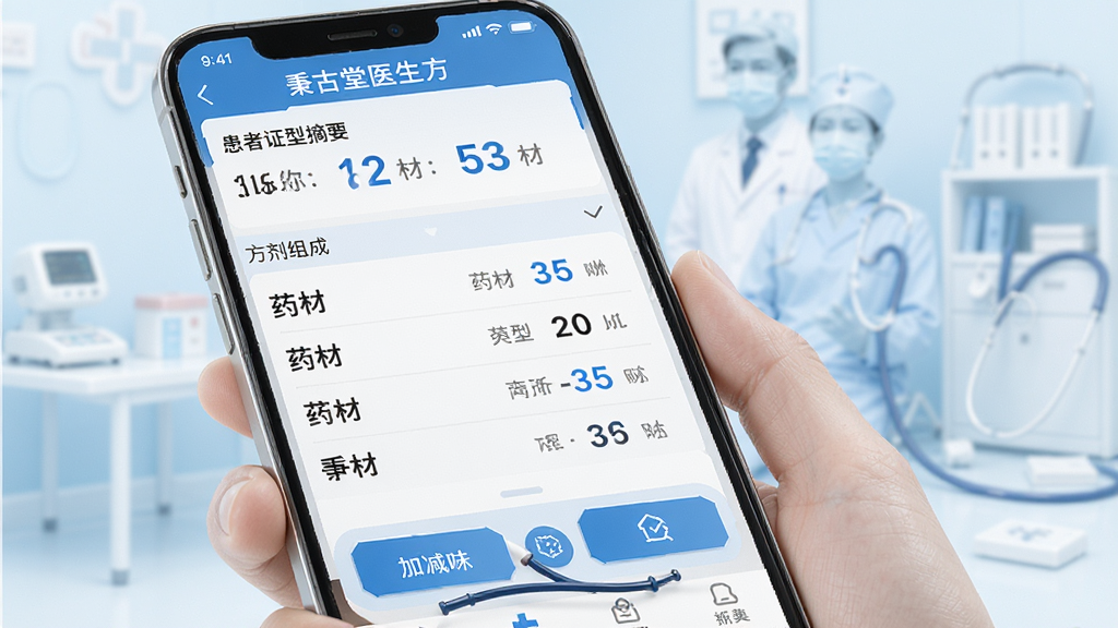 ������ҽ�������ܿ������棬����չʾ�ֻ���Ļ�г��ִ����༭ҳ�棬�Ϸ��ǻ���֤��ժҪ���м��Ƿ�������б����·��мӼ�ζ��ť������Ϊ����ɫҽ�Ʒ�񣬷��Ϊרҵ������APP���棬ϸ����ҩ����������������������Ŀ����ɫ������Ϊ�������ʸɾ����޶���Ԫ�أ�������Ⱦ