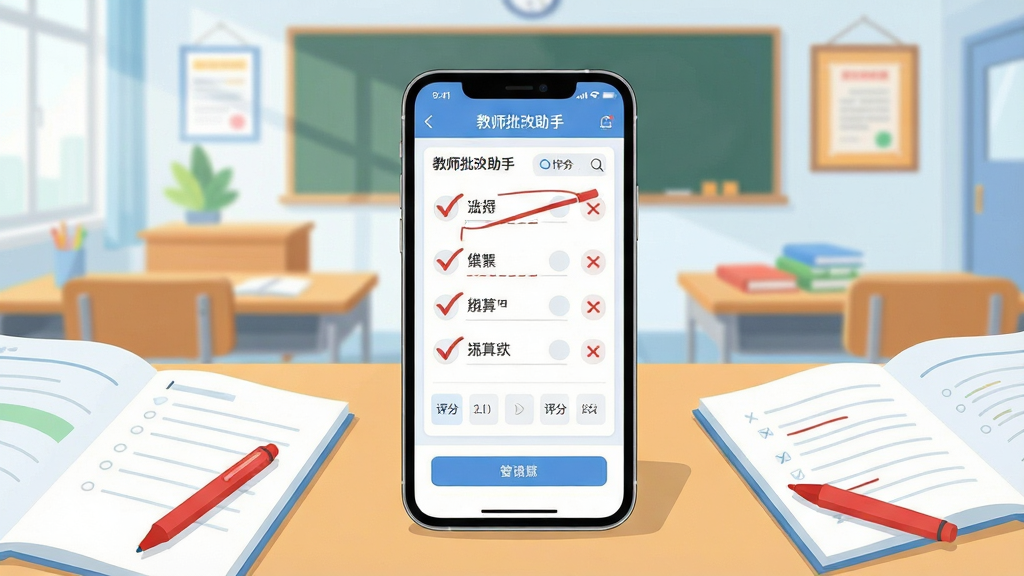 一张展示教师批改助手软件核心功能的宣传图,画面中央是一部智能手机,屏幕上显示着教师批改助手APP的作业批改界面,界面中有红笔勾画的对勾和叉号标记,手机周围散落着几本作业本和一支红笔,背景是明亮的教室环境,整体布局简洁清晰,风格为现代扁平化科技风,细节包括屏幕上的批改按钮和评分栏,画质高清干净无多余元素,图片中文字标注“教师批改助手”。
