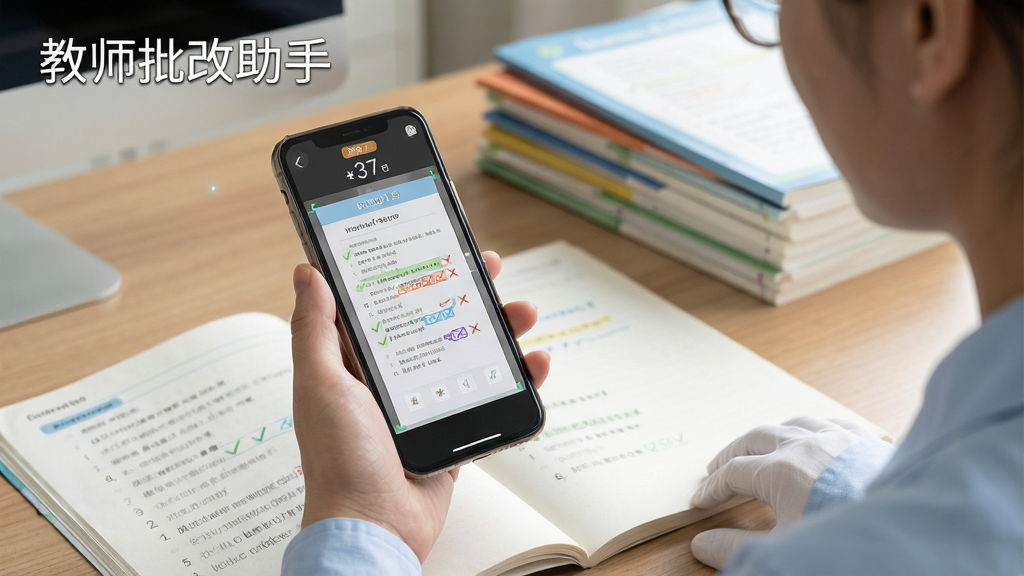一张展示教师批改助手智能辅助批改功能的场景图,画面主体是一位老师手持手机对准学生作业本进行扫描,手机屏幕显示作业页面被自动识别并标注了对勾和叉号,屏幕上方有得分统计数字,背景是办公桌和堆叠的作业本,布局采用三分法构图,风格为写实教育场景,细节包括手机摄像头对焦框和屏幕上的批改标记,画质高清干净无多余元素,图片中文字标注“教师批改助手”。