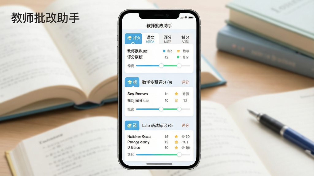 一张展示教师批改助手多学科批改模板的界面图,画面中央是手机屏幕,屏幕上同时展示了语文作文评分模板、数学步骤评分模板和英语语法标记模板三个选项卡,每个选项卡下方有对应的评分维度和打分滑块,背景是柔和的书本和文具,布局为居中对称式,风格为清新教育类UI设计,细节包括选项卡的图标和评分进度条,画质高清干净无多余元素,图片中文字标注“教师批改助手”。