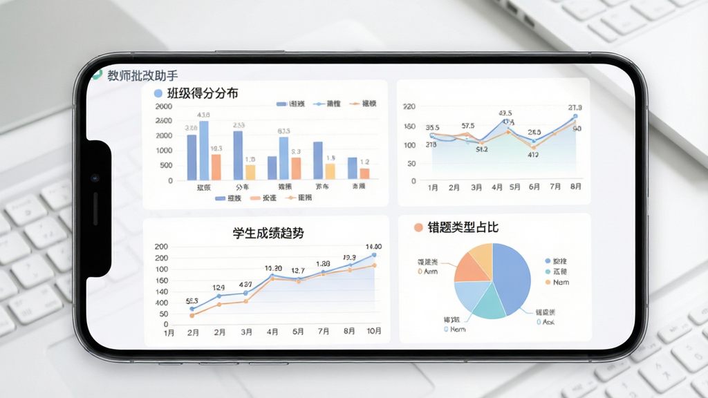 一张展示教师批改助手数据统计与学情分析功能的图表界面图,画面主体是手机屏幕,屏幕上显示着柱状图、折线图和饼图三种统计图表,分别代表班级得分分布、学生成绩趋势和错题类型占比,图表颜色柔和清晰,背景是简洁的白色办公桌面,布局为上下排列,风格为现代数据可视化风格,细节包括图表图例和数据标签,画质高清干净无多余元素,图片中文字标注“教师批改助手”。