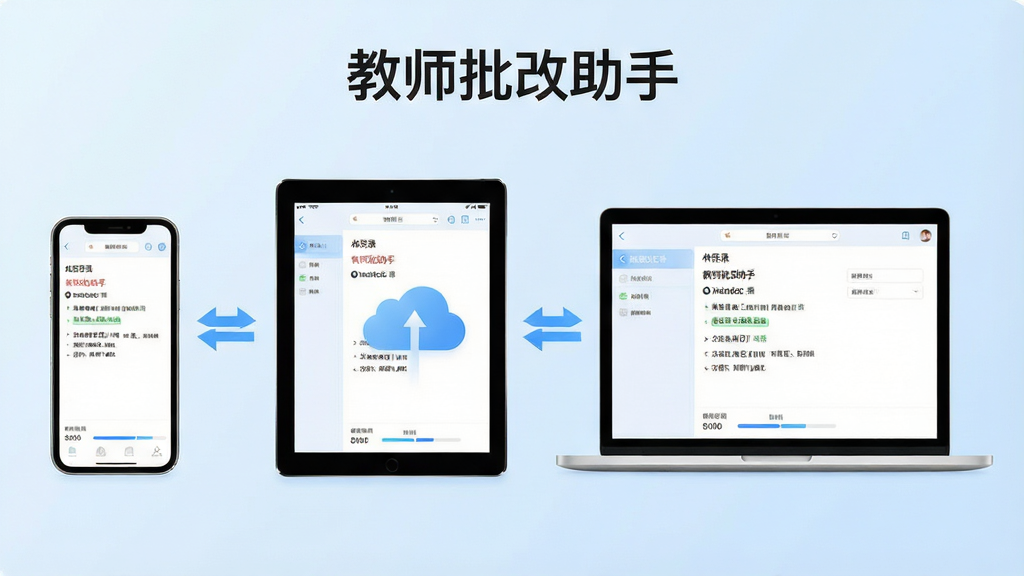 一张展示教师批改助手云端同步与多端协作的示意图,画面左侧是一部手机,右侧是一台平板电脑和一台笔记本电脑,三台设备屏幕上都显示着相同的批改记录界面,中间用云朵图标和双向箭头连接,表示数据同步,背景是淡蓝色渐变,布局为横向排列,风格为科技简约风,细节包括设备边框和同步进度条,画质高清干净无多余元素,图片中文字标注“教师批改助手”。