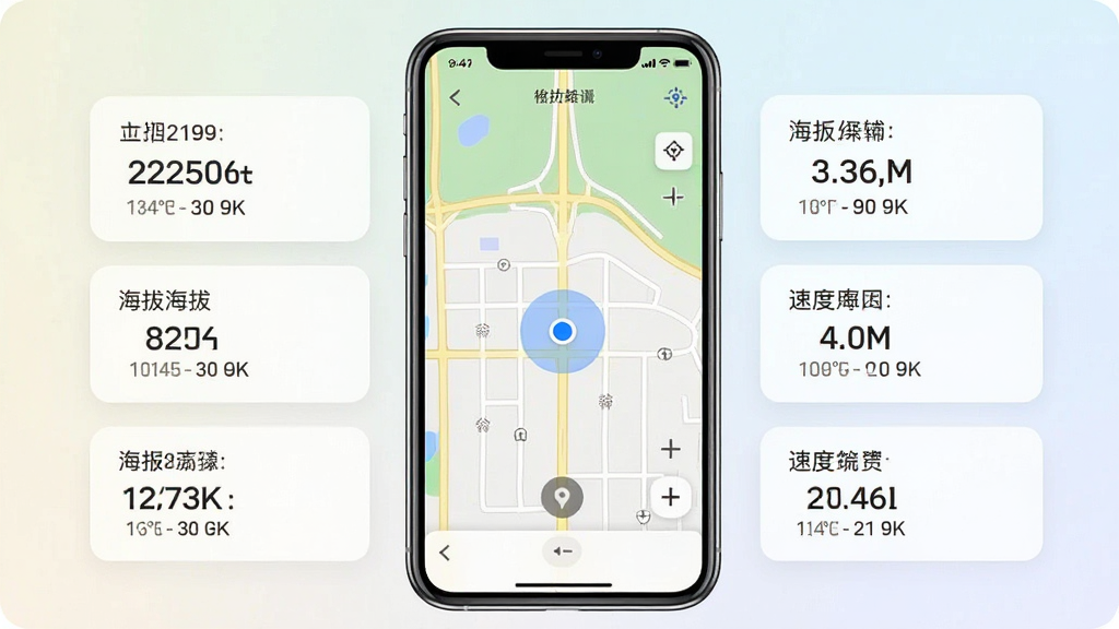 一张展示实时手机GPS定位软件界面的手机屏幕截图,画面中央是手机正视图,屏幕上显示地图定位界面,标注当前位置的蓝色圆点,四周环绕经纬度、海拔、速度等数据卡片,背景为浅色渐变,整体风格清爽简洁,画质清晰,文字内容为中文,干净无多余元素