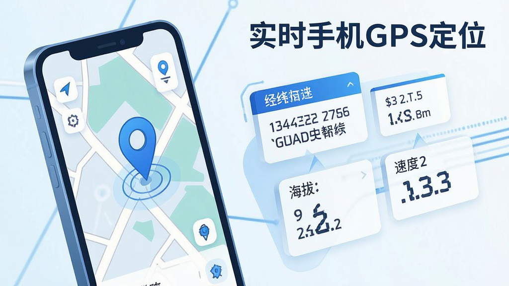 一张以实时手机GPS定位为主题的插画,画面左侧是手机屏幕显示地图与定位标记,右侧悬浮展示经纬度、海拔、速度等数据面板,整体布局左右呼应,风格现代科技感,色彩以蓝白为主,细节清晰,画质干净,画面中带文字“实时手机GPS定位”
