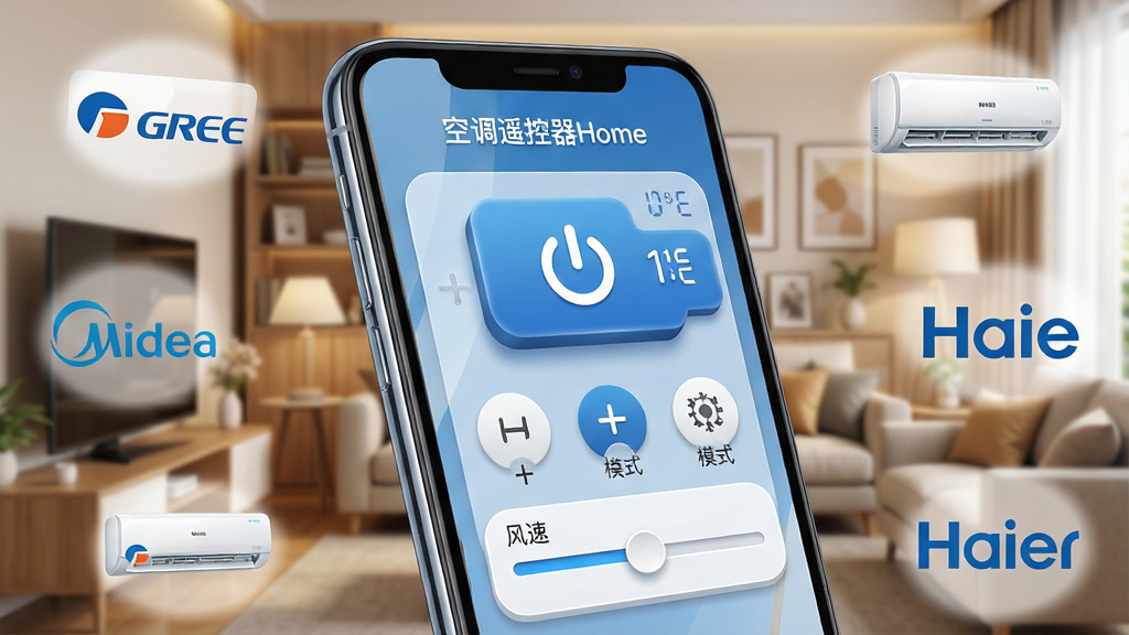 一张展示智能手机屏幕的图片,屏幕中央显示“空调遥控器Home”应用界面,界面布局包含巨大的电源开关按钮、温度加减调节区、模式切换图标和风速调节滑条,手机周围环绕着格力、美的、海尔等空调品牌Logo的淡色图标,背景是温馨的家居客厅场景,风格为现代科技感与生活化结合,细节包括手机边框的反光、界面按钮的微立体效果,画质清晰,干净,无多余元素