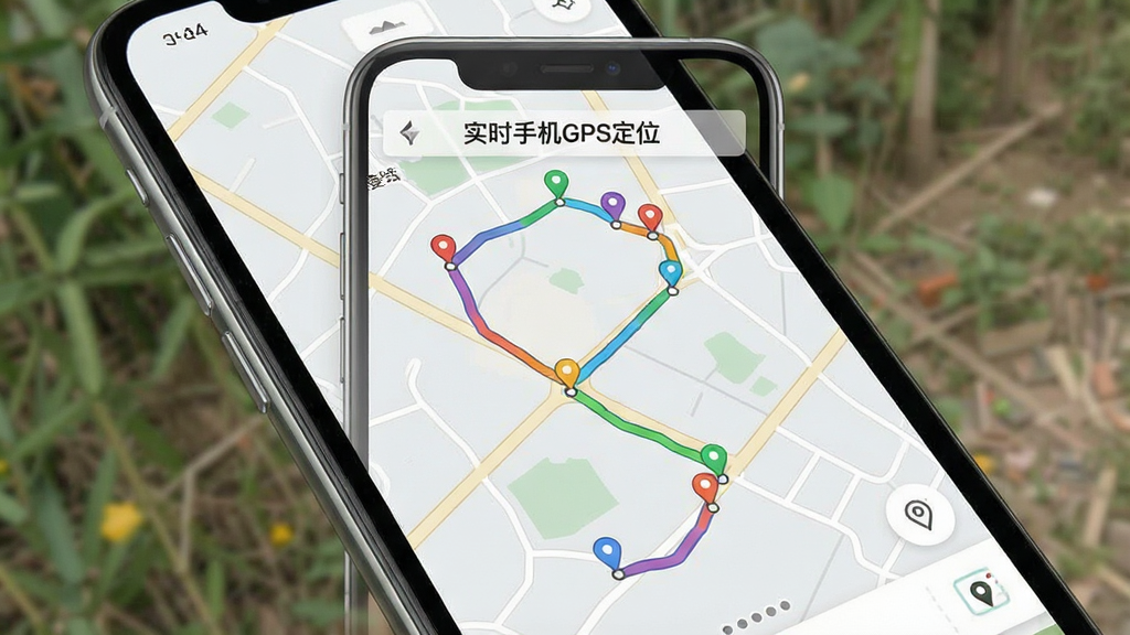 一张展示实时手机GPS定位轨迹记录功能的示意图,画面主体是手机屏幕,屏幕上显示一条弯曲的彩色轨迹线路连接多个定位点,背景为浅灰色地图底纹,布局简洁,风格清新,细节清晰,画质干净,画面中带文字“实时手机GPS定位”