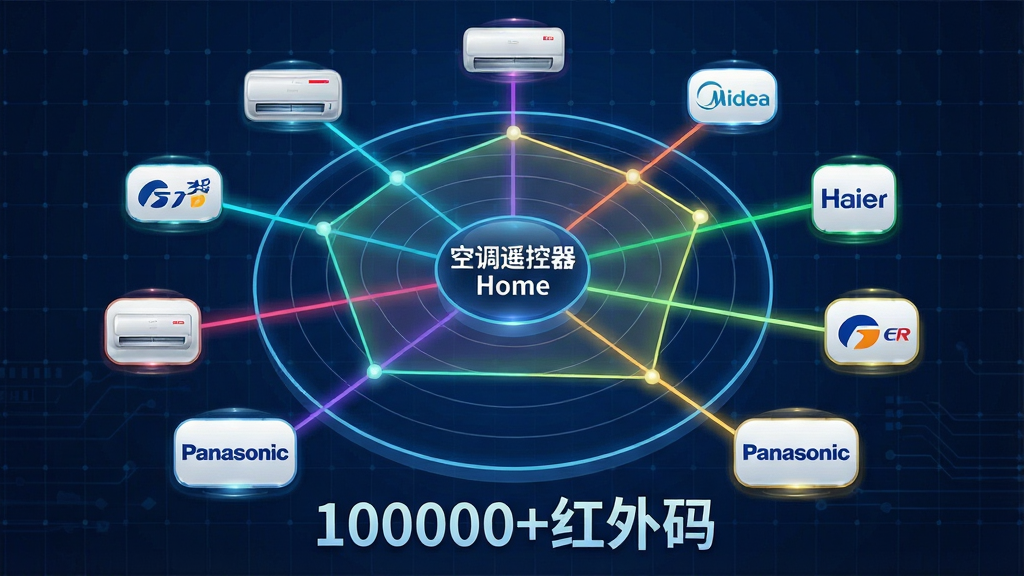 一张信息图表风格的图片,画面中央是一个巨大的圆形雷达图,雷达中心写着“空调遥控器Home”,雷达向外辐射出多条彩色线条连接着不同品牌的空调图标,如格力、美的、海尔、奥克斯、松下等,图表下方显示“100000+红外码”字样,背景为深蓝色科技网格,风格为数据可视化,细节包括线条的光晕效果和图标的高光质感,画质清晰,干净,无多余元素