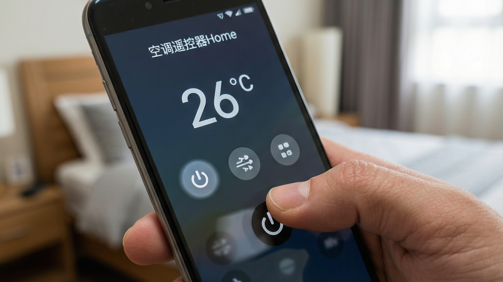 一张展示手机界面操作的图片,画面中一只手拿着手机,拇指正点击屏幕上的电源按钮,手机屏幕显示“空调遥控器Home”的遥控面板,面板上有醒目的温度数字“26°C”和模式图标,背景是模糊的卧室环境,风格为生活化产品摄影,细节包括手指的肤色纹理、手机屏幕的玻璃反光和按钮按下的动态模糊,画质清晰,干净,无多余元素