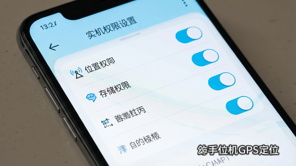 一张展示手机权限设置界面的示意图,画面主体是手机屏幕,屏幕上显示位置权限、存储权限等开关选项,布局清晰,风格简洁,色彩以白色和浅蓝色为主,细节明确,画质干净,画面中带文字“实时手机GPS定位”