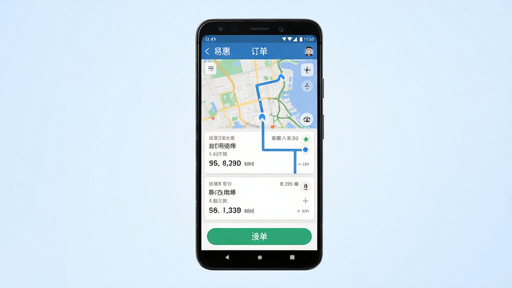易惠司机端手机应用主界面展示,画面中央是一部竖屏安卓手机,屏幕内显示易惠司机端订单列表页面,包含地图导航区域和接单按钮,背景为淡蓝色渐变,整体布局简洁清晰,风格为现代扁平化UI设计,细节上突出订单卡片和导航路线,画质高清,画面干净,无多余元素
