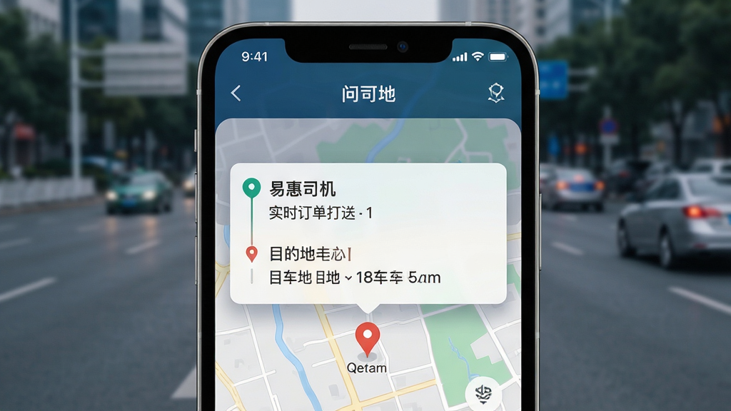 易惠司机端实时订单推送功能展示图,画面主体为手机屏幕特写,屏幕上弹出订单通知卡片,卡片内显示上车点和目的地信息,背景为城市道路虚化场景,布局居中,风格为写实科技感,细节突出通知弹窗和地图标记,画质清晰,画面干净,无多余元素