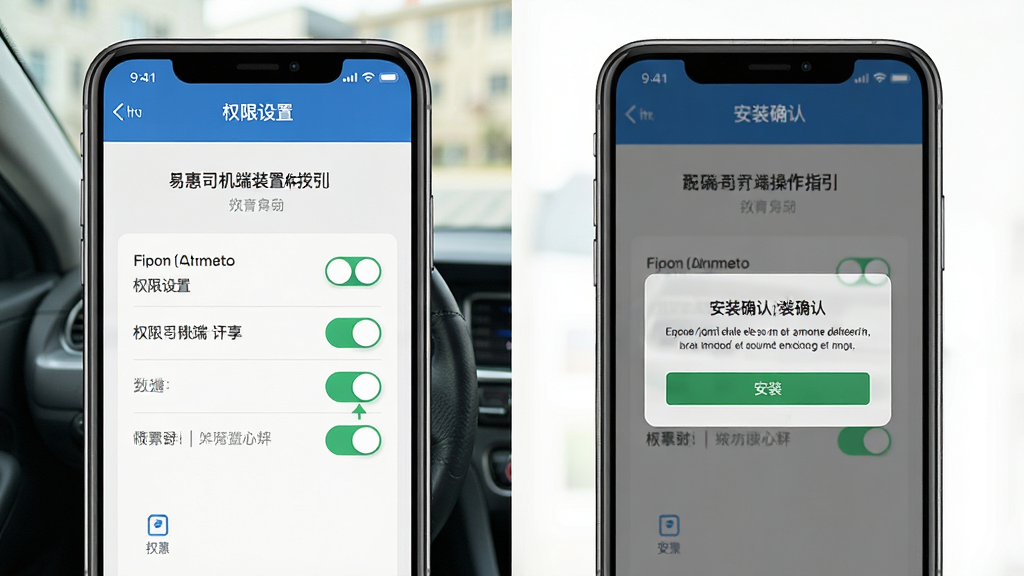 易惠司机端安装设置操作指引图,画面为手机屏幕展示权限设置页面和安装确认弹窗,布局为左右分栏对比展示,风格为教程示意风,细节突出开关按钮和提示文字,画质清晰,画面干净,无多余元素