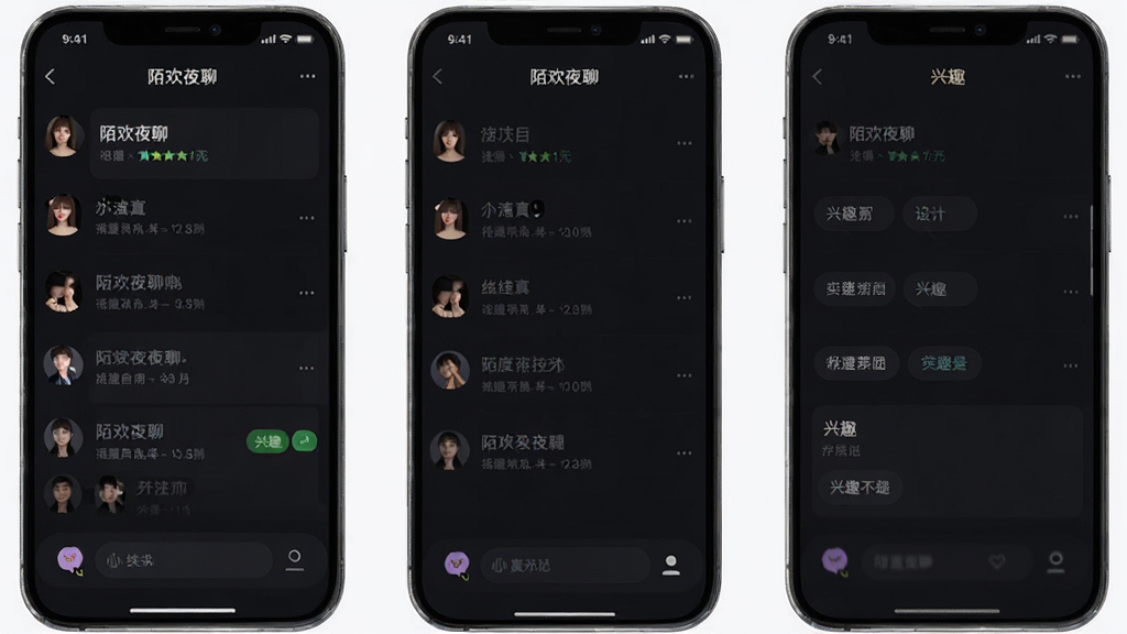 陌欢夜聊手机应用主界面,深色背景,聊天列表与兴趣标签清晰可见,整体风格简洁现代,布局居中,干净无多余元素,高清画质