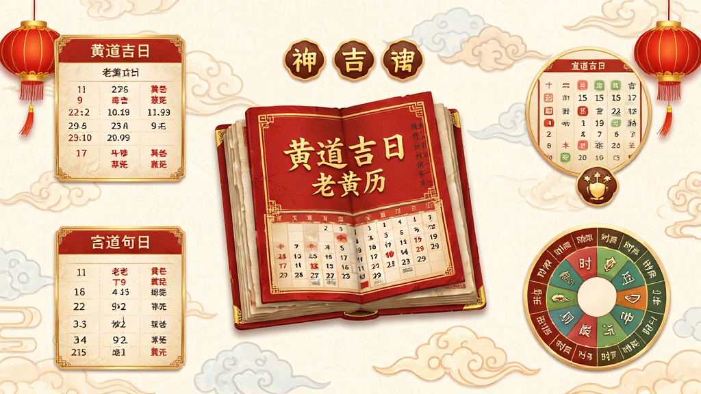 黄道吉日老黄历手机软件主界面展示,画面中央是一本翻开的传统老黄历日历,红色封面写着黄道吉日老黄历金色大字,周围环绕农历日期宜忌信息卡片、吉神方位图标、时辰吉凶圆盘,背景是淡雅的中国风祥云纹样,布局采用手机屏幕竖版构图,整体风格喜庆祥和、传统与现代结合,细节包括红灯笼、金色边框、日历纸张纹理,画质清晰干净,无多余元素
