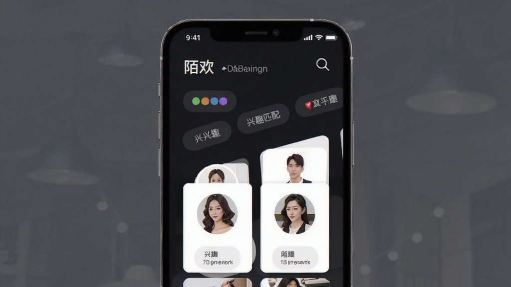 陌欢夜聊兴趣匹配界面,手机屏幕中显示多个兴趣标签和用户头像卡片,深色主题,排版整齐,风格现代,画质清晰干净