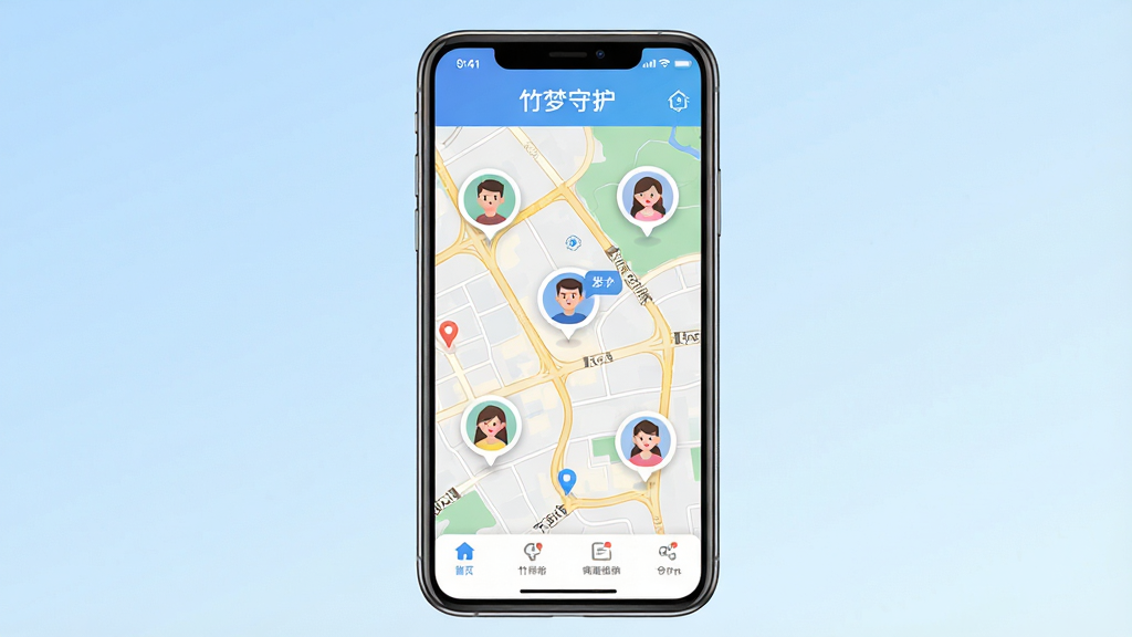 竹梦守护软件主界面展示,画面中央是一部智能手机,屏幕显示地图定位界面,上面有多个家庭成员头像图标分布在地图不同位置,界面顶部有软件名称“竹梦守护”字样,底部有功能导航栏,背景为淡蓝色渐变,风格简洁清新,细节包括地图道路、定位标记、头像气泡,画质清晰,干净,无多余元素