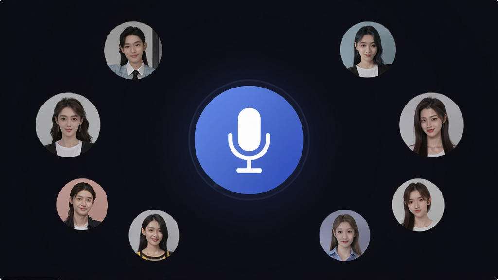 陌欢夜聊语音聊天室界面,多个用户头像环绕排列,麦克风图标显眼,深色背景,布局对称,风格简约,高清无多余元素