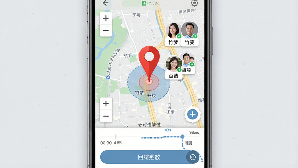 竹梦守护实时定位功能展示图,画面主体为手机屏幕,屏幕中显示一张城市地图,地图上有红色定位大头针标记当前位置,旁边有家人头像和名称标签,地图下方有时间轴和轨迹回放按钮,背景为浅灰色,风格写实,细节包括地图缩放控件、定位精度圈、刷新按钮,画质高清,干净,无多余元素