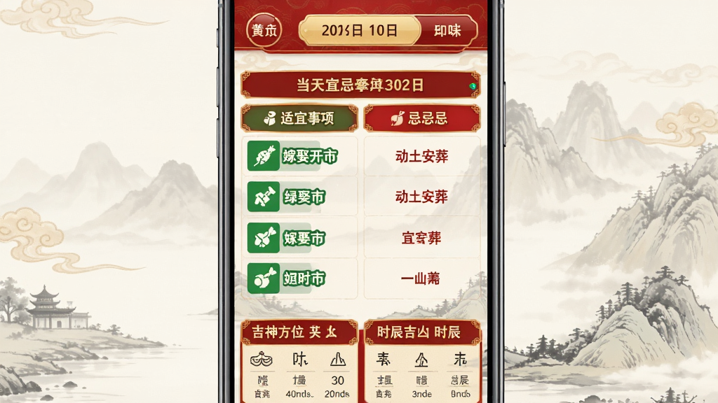 黄道吉日老黄历每日宜忌查询界面,手机屏幕显示当天农历日期和宜忌列表,左侧绿色标注适宜事项如嫁娶开市,右侧红色标注忌讳事项如动土安葬,顶部有日期切换按钮,底部有吉神方位和时辰吉凶展示,整体采用中国风红色与金色配色,背景有淡淡水墨山水纹样,画质清晰干净,无多余元素