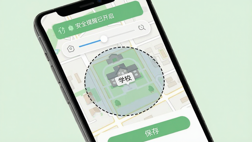 竹梦守护电子围栏设置界面图,画面展示一部手机,屏幕中有一个圆形安全区域覆盖在地图上,围栏边缘有虚线标识,区域内有“学校”文字标签,屏幕上方有“安全提醒已开启”的通知横幅,背景为淡绿色,风格简约,细节包括围栏半径调节滑块、地点搜索框、保存按钮,画质清晰,干净,无多余元素