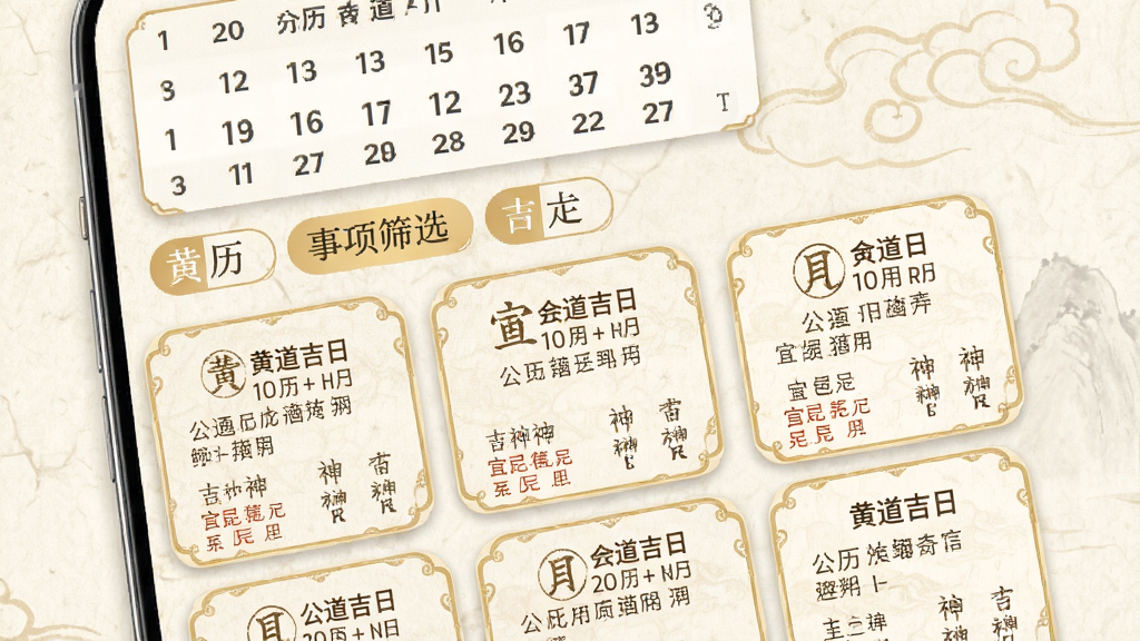 黄道吉日老黄历吉日筛选功能界面,手机屏幕展示日期选择器和事项筛选标签,下方列出多个黄道吉日卡片,每张卡片显示公历农历日期、宜忌摘要和吉神信息,卡片采用圆角设计配金色边框,背景是淡雅的米黄色宣纸纹理,整体风格简洁传统,画质清晰干净,无多余元素
