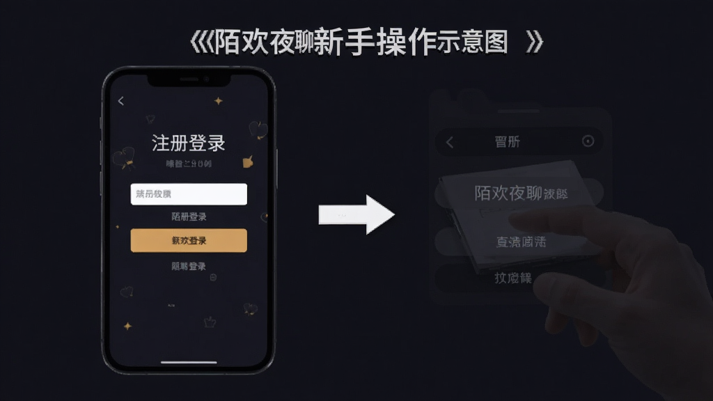 陌欢夜聊新手操作示意图,手机屏幕显示注册登录步骤,箭头指引清晰,深色界面,排版简洁,风格直观,画质干净