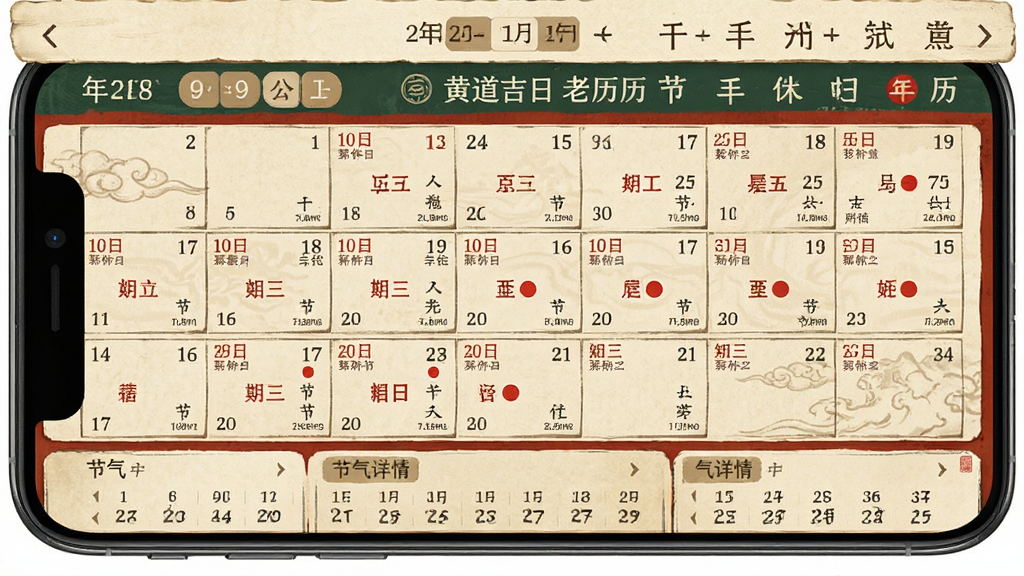黄道吉日老黄历万年历查询界面,手机屏幕显示月历视图,每个日期格子内标注农历日期和节气小字,传统节日用红色圆点标记,顶部显示年份月份切换和干支生肖信息,底部有节气详情卡片,整体采用仿古日历排版风格,配色以米白、朱红、墨绿为主,画质清晰干净,无多余元素