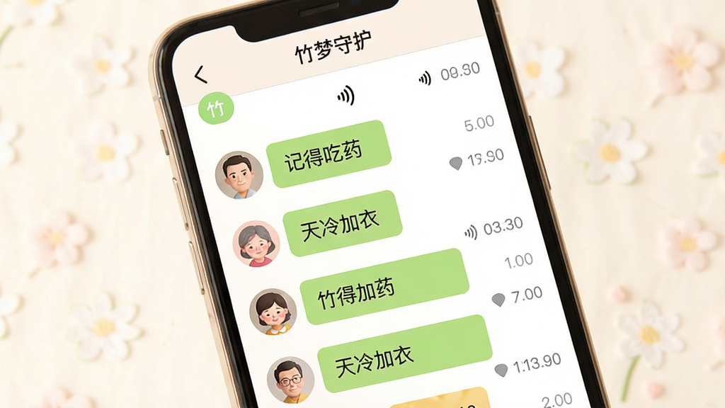 竹梦守护消息通知功能展示图,画面中间是一部手机,屏幕显示聊天式消息列表,消息气泡中有“记得吃药”“天冷加衣”等文字,气泡旁边有家人头像,屏幕顶部有“竹梦守护”软件名称,背景为暖白色,风格温馨,细节包括发送按钮、语音图标、时间戳,画质清晰,干净,无多余元素