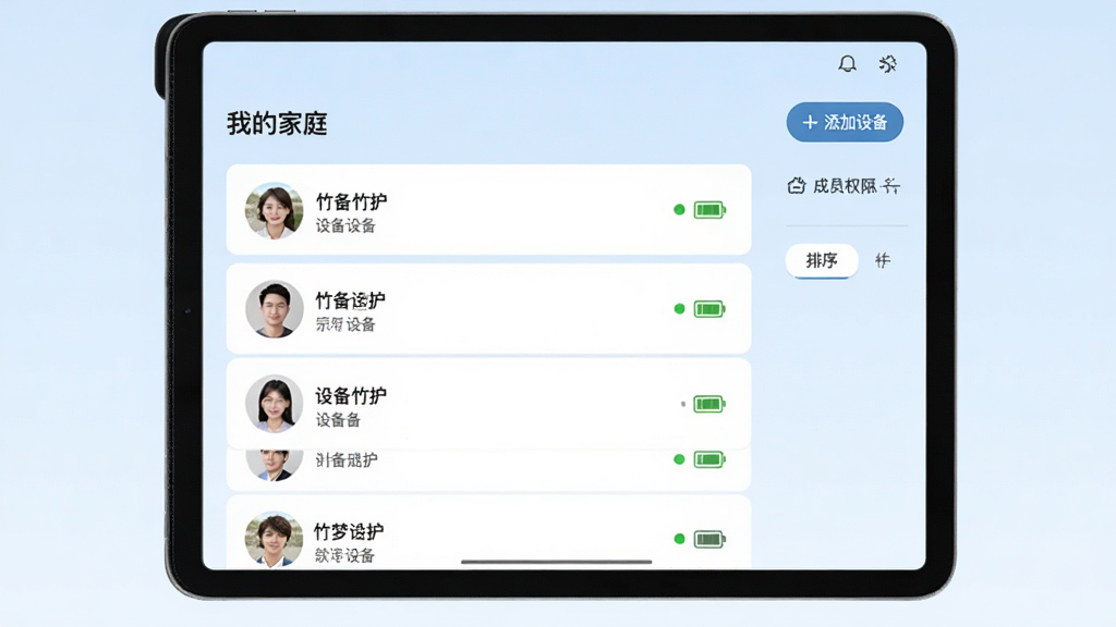 竹梦守护多设备管理界面图,画面展示一部平板电脑,屏幕中显示家庭成员列表,每个成员旁边有头像、设备名称、在线状态和电量图标,顶部有“我的家庭”标题,背景为浅蓝色,风格商务简洁,细节包括添加设备按钮、成员权限设置图标、排序标签,画质高清,干净,无多余元素