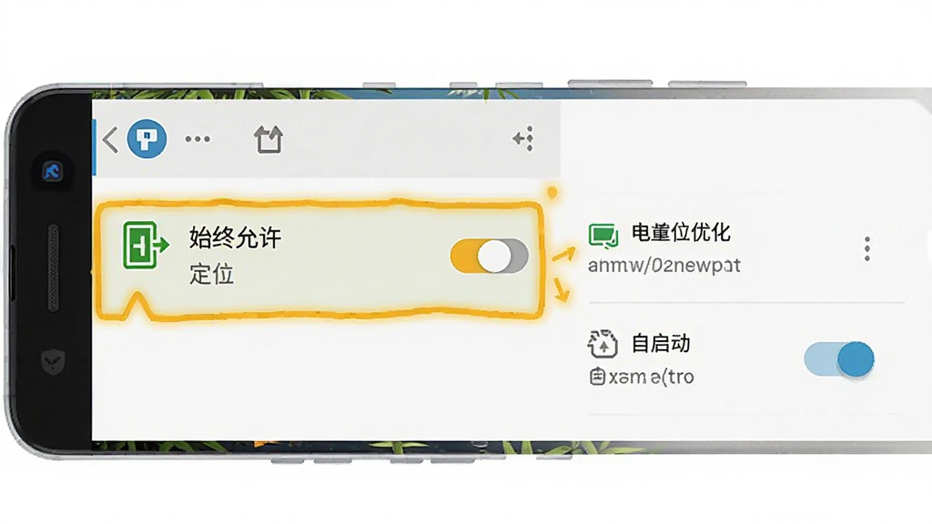 竹梦守护权限设置示意图,画面展示一部安卓手机的设置界面,屏幕中显示应用权限管理页面,定位权限被高亮标注为“始终允许”,旁边有电池优化选项和自启动开关,背景为纯白色,风格扁平化,细节包括权限图标、开关按钮、文字说明,画质清晰,干净,无多余元素