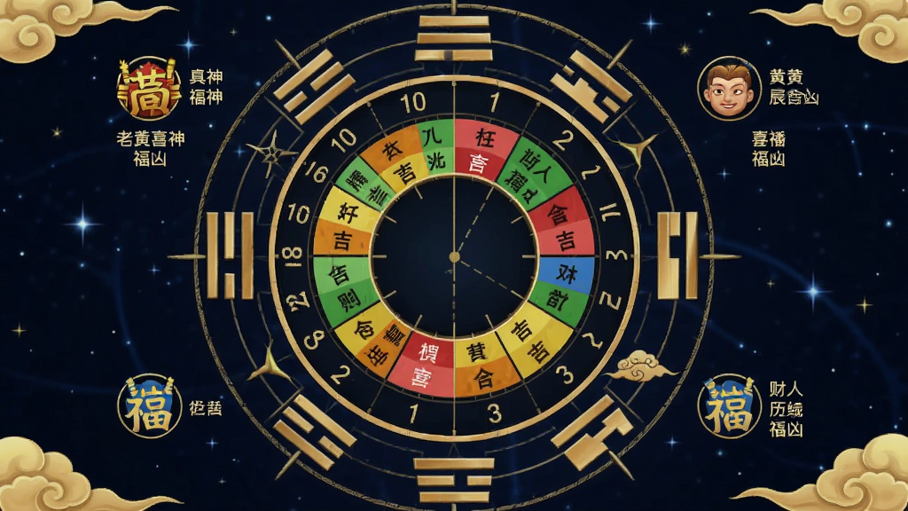 黄道吉日老黄历时辰吉凶与吉神方位界面,手机屏幕中央是十二时辰圆形转盘,每个时辰标注吉凶颜色,四周分布财神喜神福神方位图标和文字说明,背景是深蓝色星空配金色罗盘纹样,整体风格神秘庄重,细节包括八卦符号和祥云装饰,画质清晰干净,无多余元素