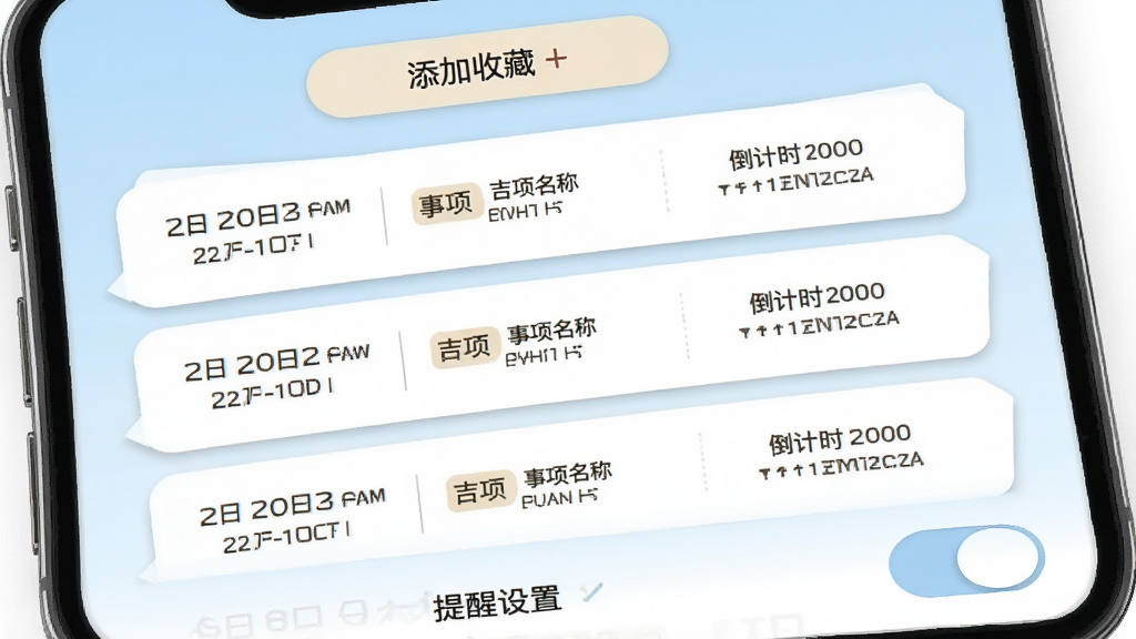 黄道吉日老黄历提醒与收藏功能界面,手机屏幕显示收藏的吉日列表,每条记录包含日期、事项名称和倒计时提醒,顶部有添加收藏按钮,底部有提醒设置开关,整体采用清新浅色卡片设计配柔和阴影,背景是淡蓝色渐变,画质清晰干净,无多余元素