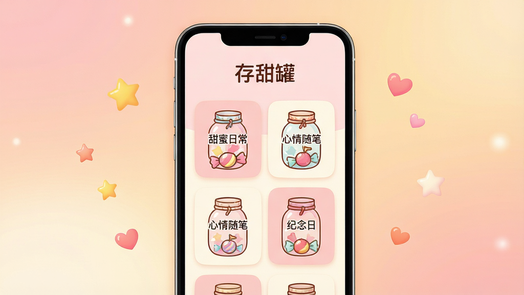 一张温馨治愈风格的手机应用界面展示图,画面中央是一部竖屏智能手机,屏幕内显示“存甜罐”APP主界面,界面顶部有“存甜罐”三个中文字,下方排列着彩色糖果罐造型的卡片,卡片上写着“甜蜜日常”“心情随笔”“纪念日”等小字,整体配色以浅粉色和奶油白为主,背景是柔和的暖色调渐变,周围散落着星星和爱心小元素,风格清新可爱,画质清晰干净,无多余杂乱元素,适合作为软件下载站展示图。