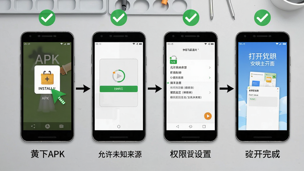 黄道吉日老黄历安卓手机安装步骤示意图,画面展示手机屏幕从下载APK到安装完成的四个步骤,包括点击安装包、允许未知来源、权限设置、打开软件主界面,每个步骤用手机边框和箭头连接,背景是浅灰色工作台面配绿色对勾图标,整体风格简洁教程风,画质清晰干净,无多余元素