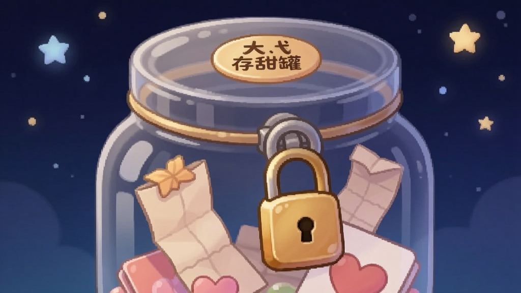 一张以“存甜罐”为主题的插画风格图片,画面展示一个带锁的透明糖果罐,罐子里面漂浮着几张折叠的纸条和爱心卡片,罐口有一个金色的密码锁图案,背景是深蓝色夜空点缀着星星,整体风格神秘又温馨,画质细腻干净,画面中不要出现任何文字,突出私密与安全的感觉。