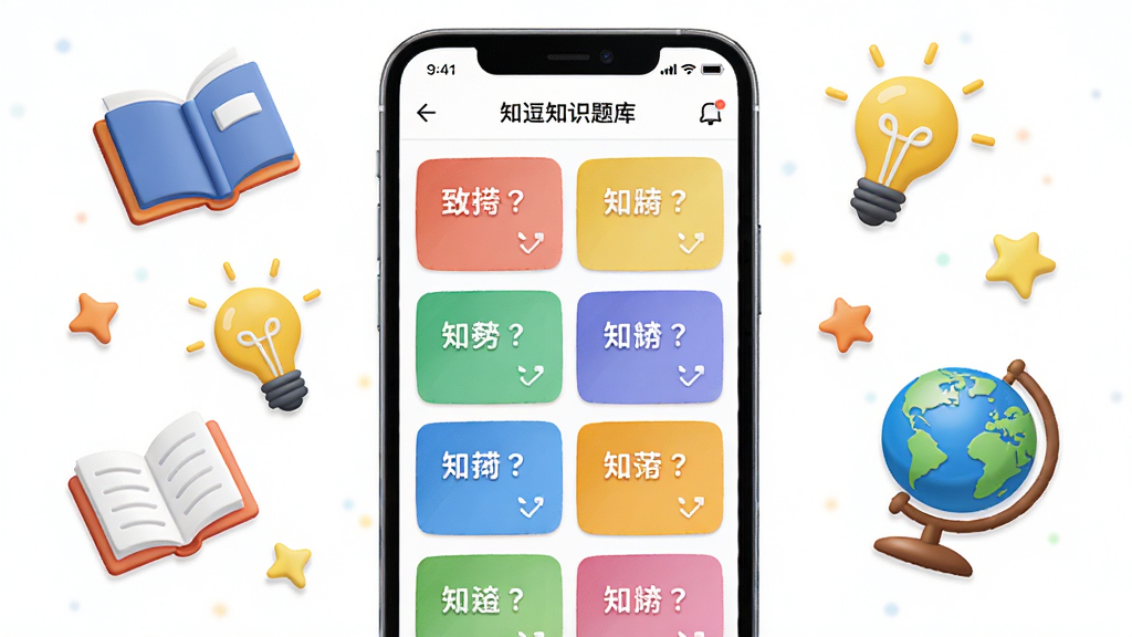 知逗知识题库界面展示图,画面主体为手机屏幕,屏幕内显示多道不同类别题目卡片整齐排列,周围漂浮着书本、灯泡、地球仪等知识图标,整体风格活泼明亮,画质清晰,干净无多余元素