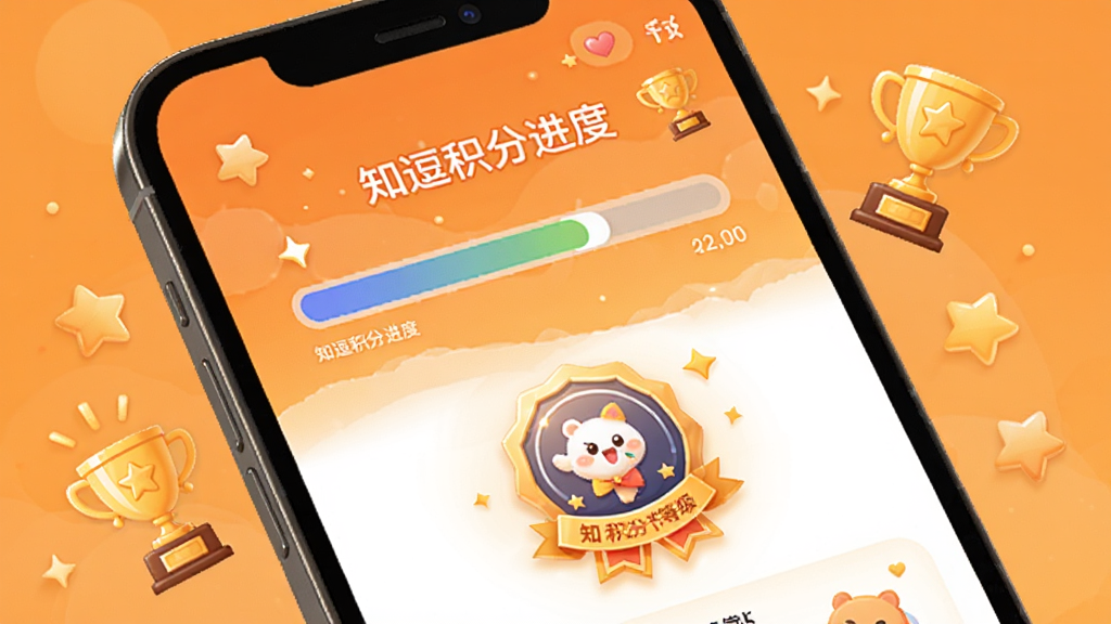 知逗积分成长页面展示图,画面为手机屏幕特写,屏幕内显示知逗积分进度条和等级徽章,周围点缀星星和奖杯图标,背景为暖橙色渐变,风格温馨激励,画质干净,无多余元素