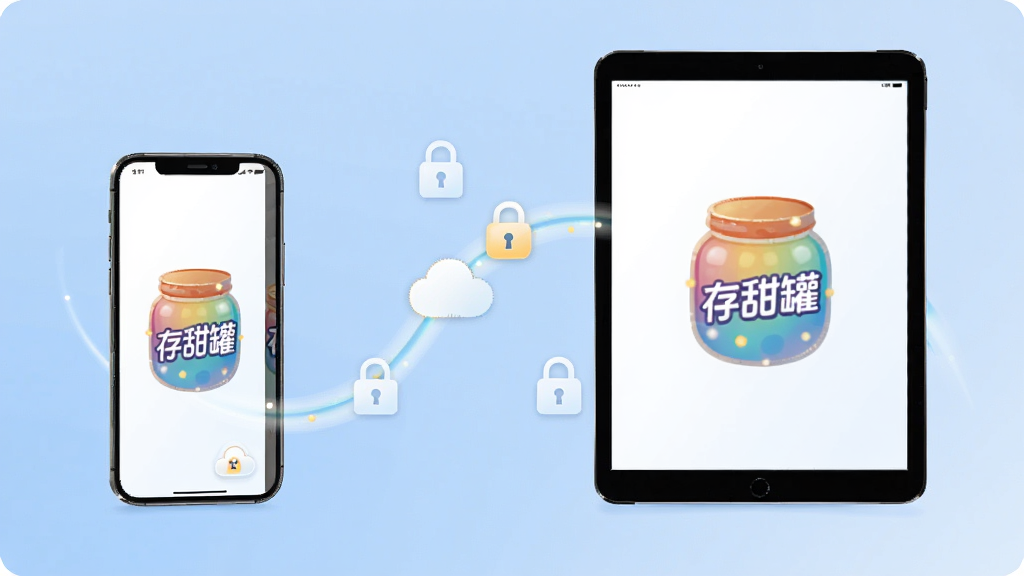 一张表现“存甜罐”云端同步功能的示意图,画面左侧是一部手机,右侧是一台平板电脑,中间用一条发光的曲线连接,曲线上有云朵和锁的图标,手机和平板屏幕上都显示“存甜罐”的彩色罐子标志,背景是淡蓝色渐变,整体风格科技感与温馨感结合,画质干净清晰,无杂乱文字。