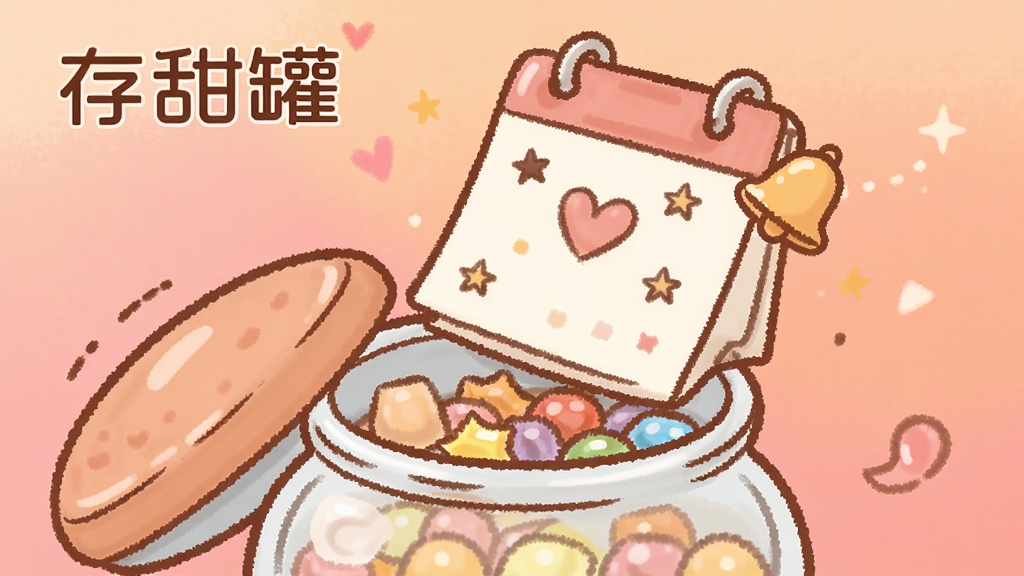 一张以“存甜罐”纪念日提醒为主题的温馨插画,画面中央是一个打开的糖果罐,罐口飘出一张日历卡片,卡片上画着爱心和星星,旁边有一个小铃铛图标,背景是柔和的粉橙色渐变,整体风格甜美治愈,画质清晰,画面中不要出现具体日期文字,突出提醒与回忆的氛围。